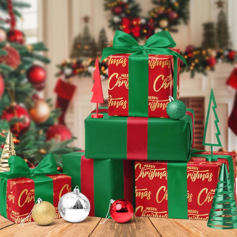LaRibbons Reversible Christmas Foil Wrapping Paper Roll, Red with Gold “Merry Christmas” & Green Pattern, Holiday Gift Wrap for Xmas Presents, Party & Decoration, 17 Inch × 33 Feet - Image 4